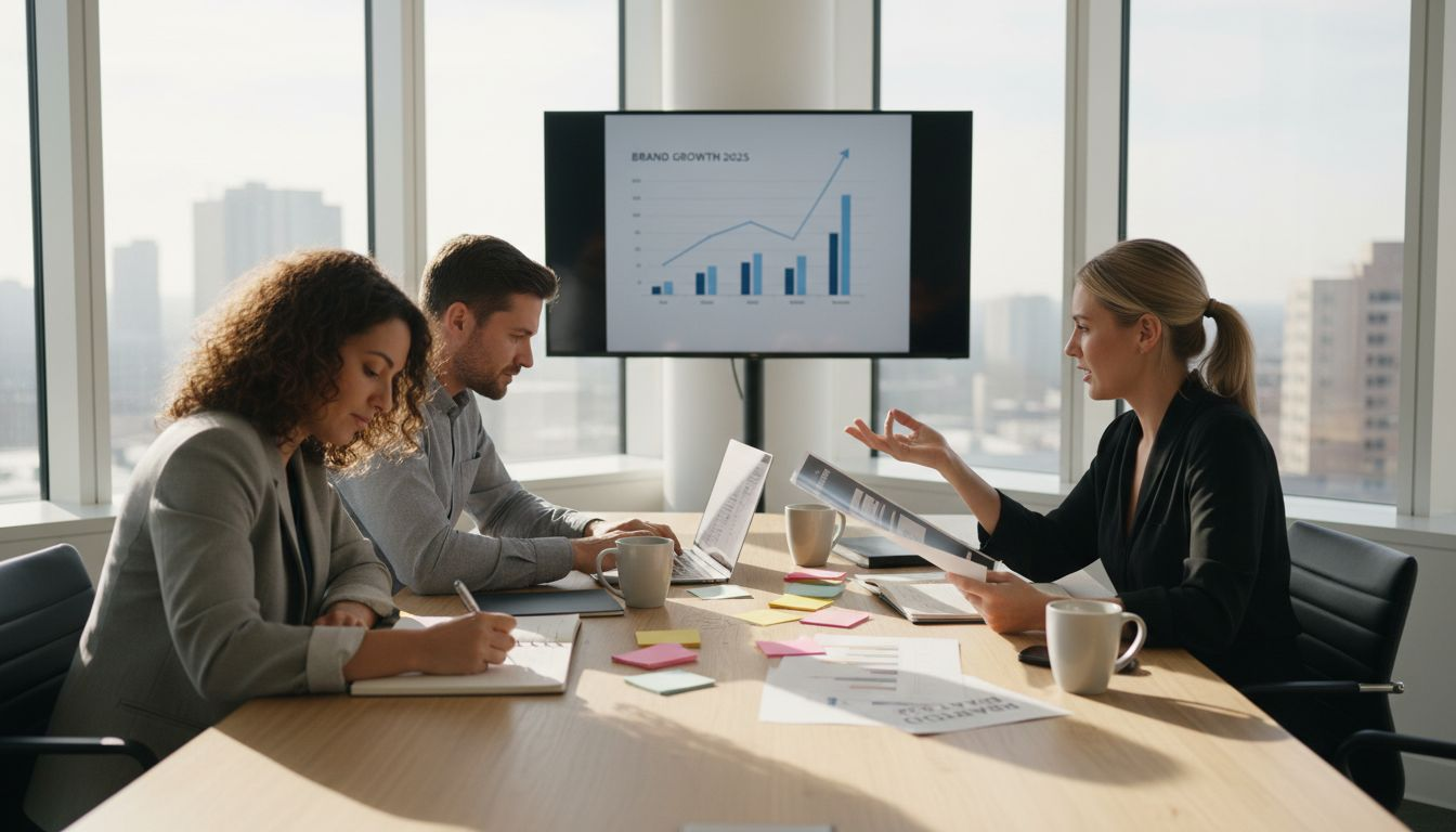 Brand strategy team discussing in office