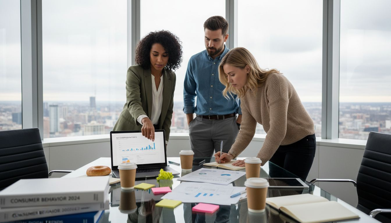 Marketers planning campaign at cluttered table