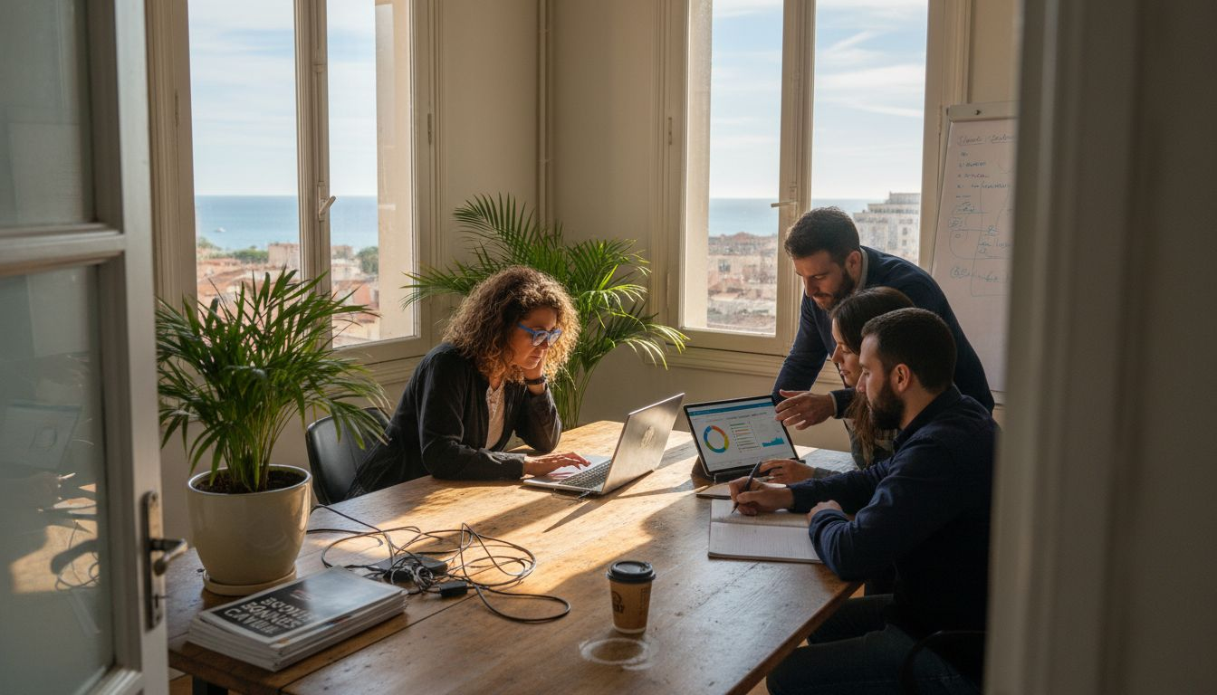 L’équipe en pleine collaboration dans les locaux de l’agence digitale à Cannes.