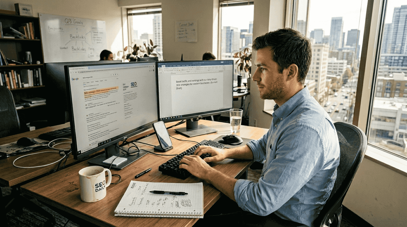 SEO specialist writing meta descriptions in office