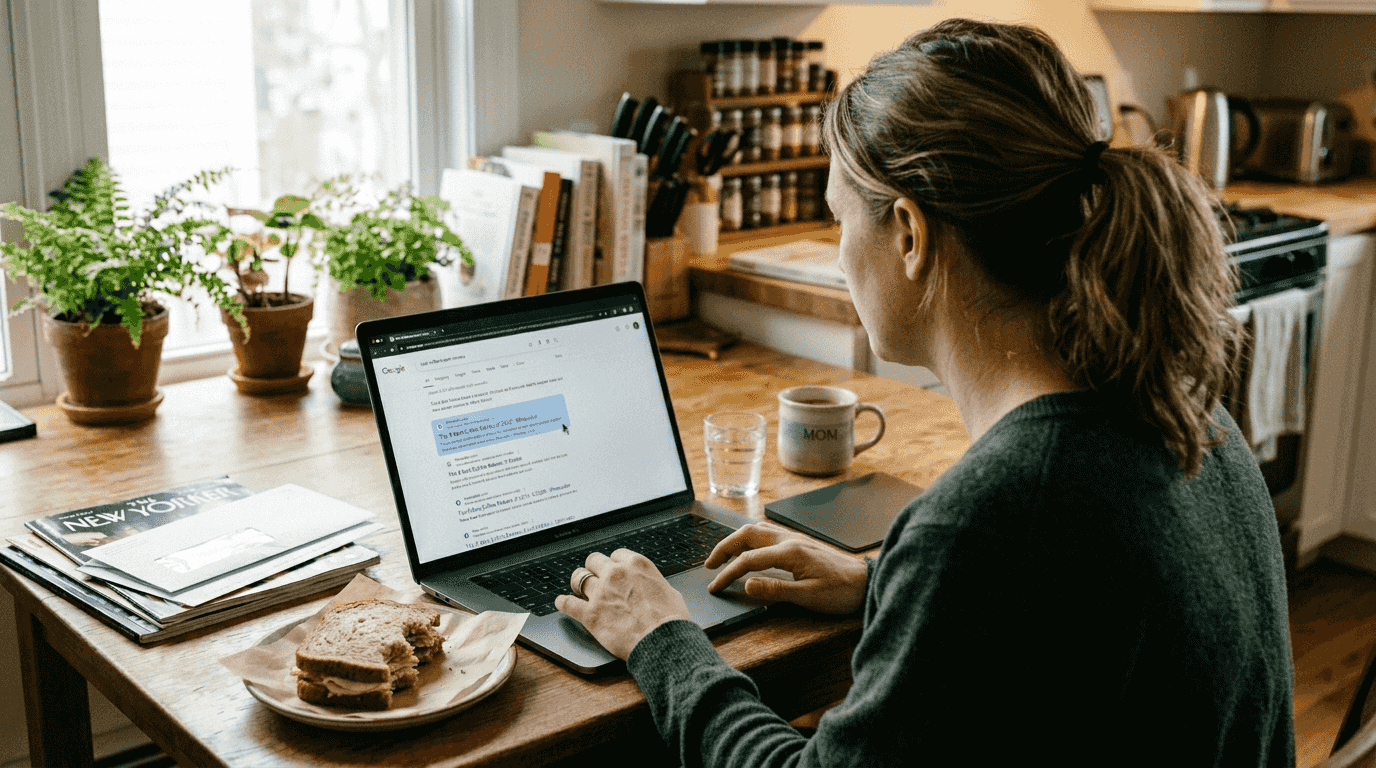 Person clicking search result on laptop