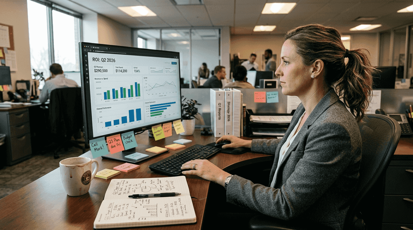 Woman reviewing marketing ROI analytics at desk