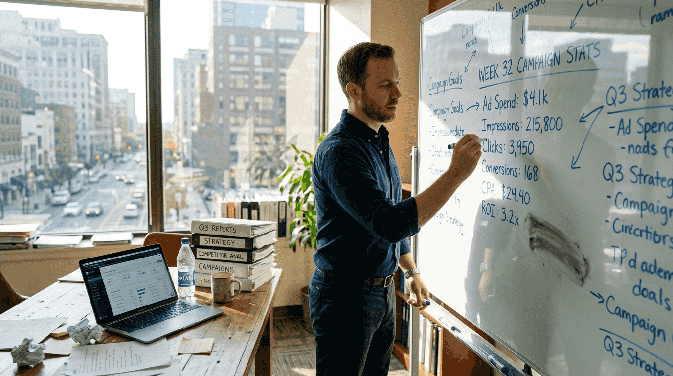 Marketing manager notes analytics on glassboard