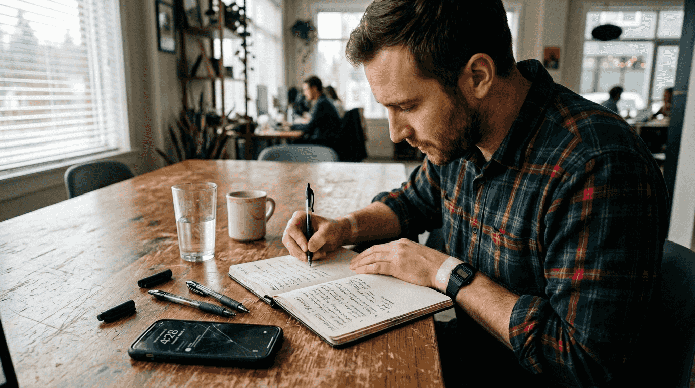 Strategist drafting keyword headlines by window