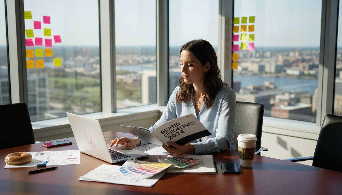 Manager reviews brand guidelines in office