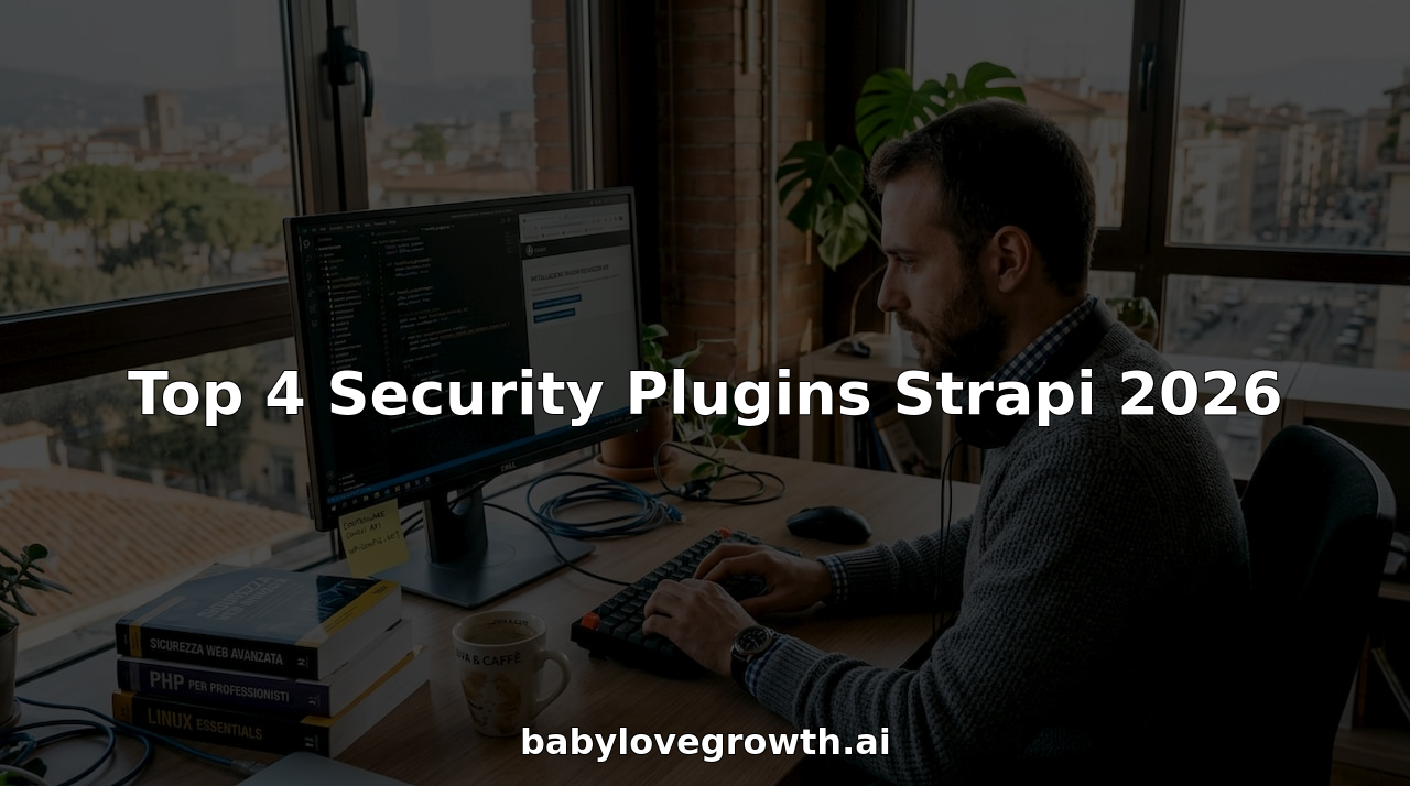 Uno sviluppatore alle prese con l’installazione di plugin di sicurezza su Strapi, circondato dal caos di una scrivania disordinata.