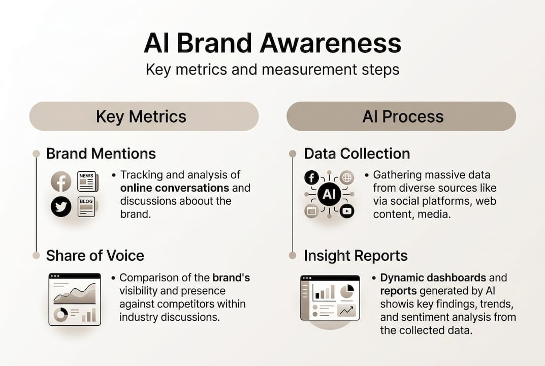 Infographic with brand awareness metrics and AI steps