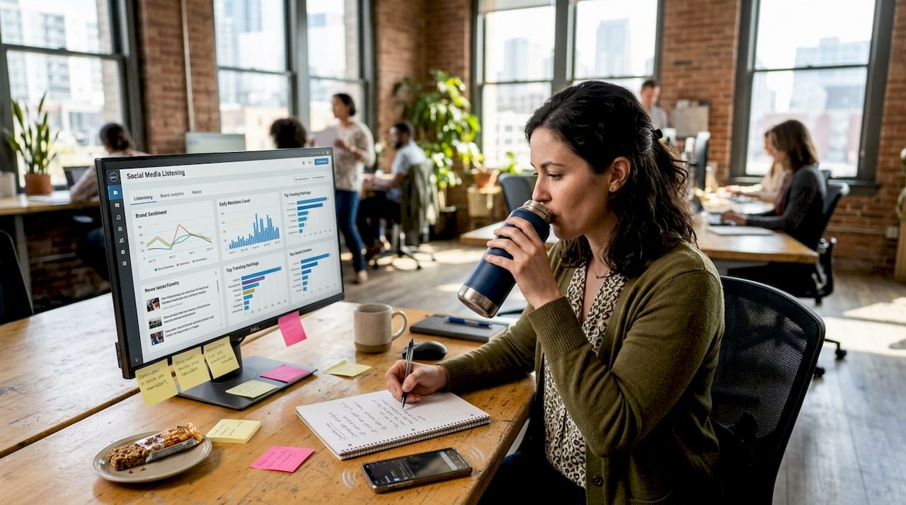 Brand manager checking analytics at desk
