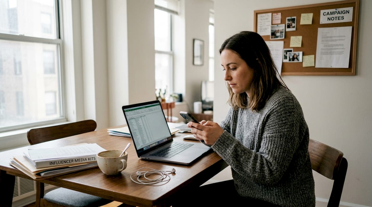 Woman plans influencer campaign at dining table