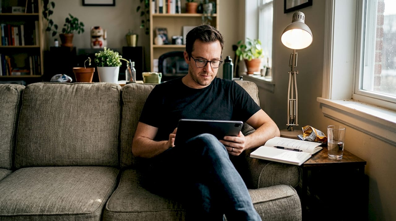 Man reviews influencer content at home