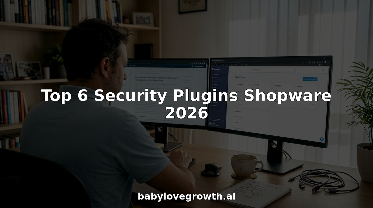 Un utente Shopware controlla i plugin di sicurezza mentre lavora alla scrivania di casa.