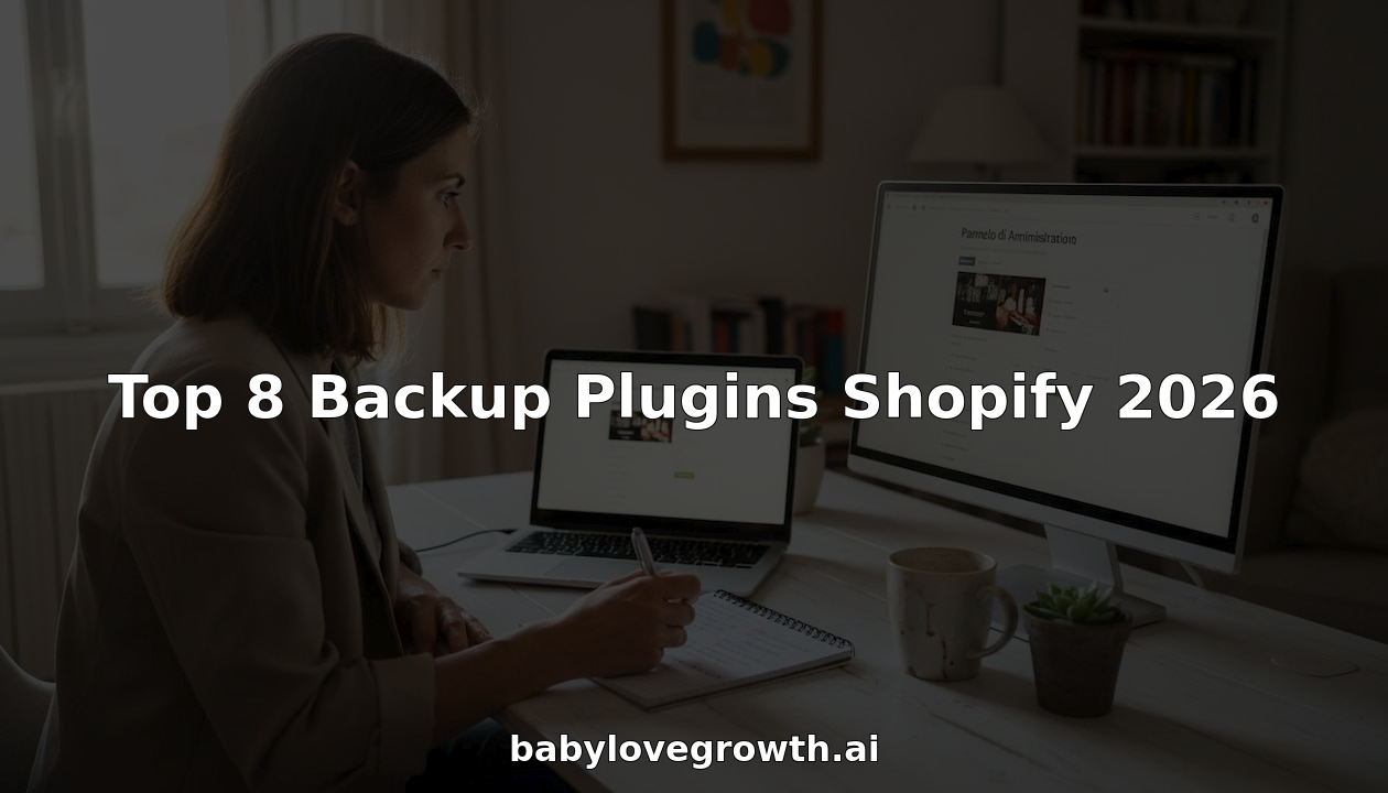 Titolare di un negozio Shopify alle prese con la gestione dei plugin di backup alla propria scrivania.