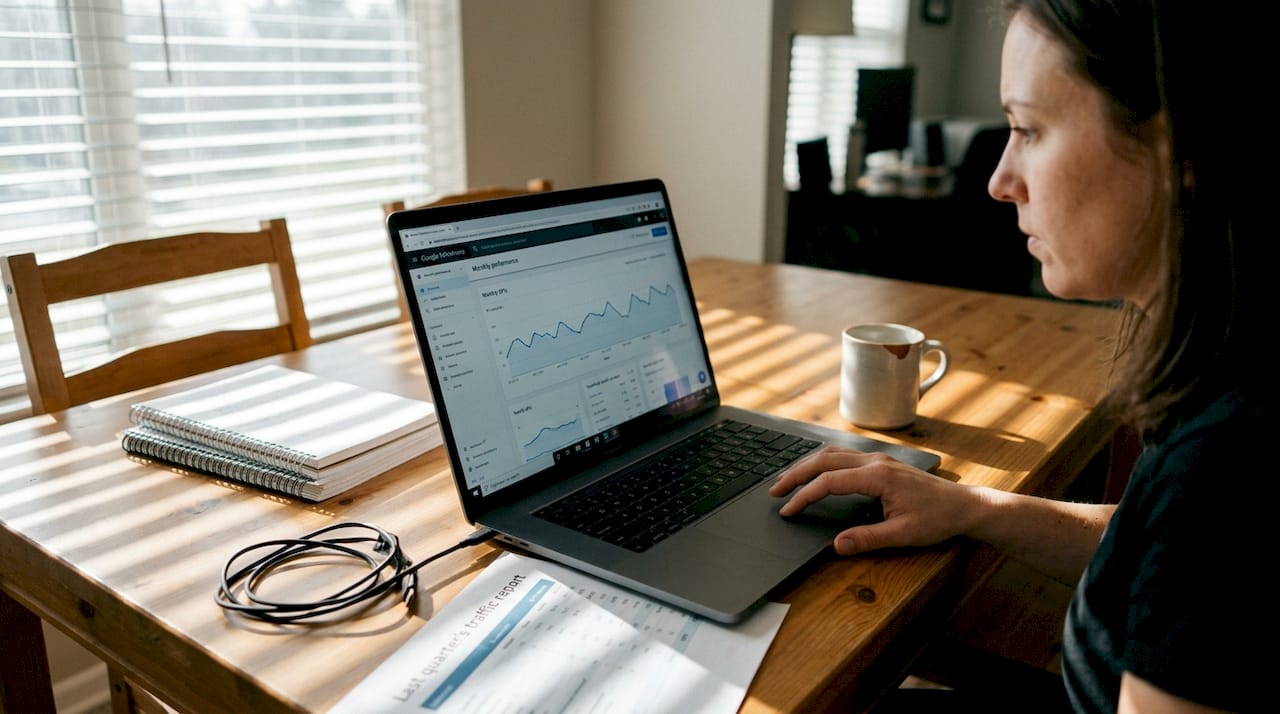 Marketing analyst reviewing website KPI dashboard