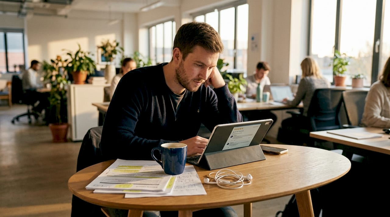 Man reading star ratings at office table