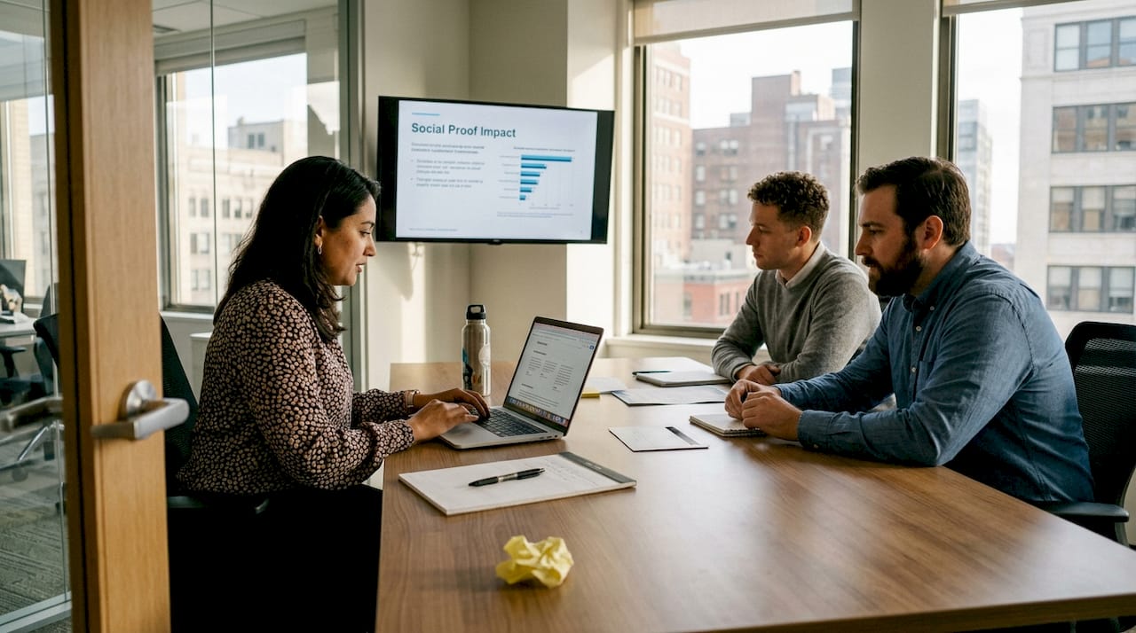 Team reviewing customer testimonials in corner office