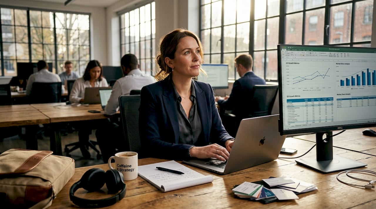 Businesswoman analyzing digital footprint at desk