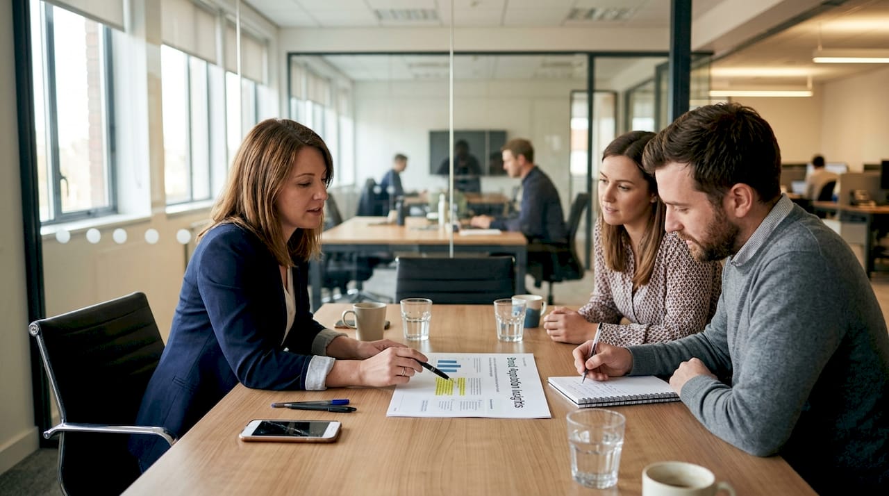 Team discussing brand reputation around table