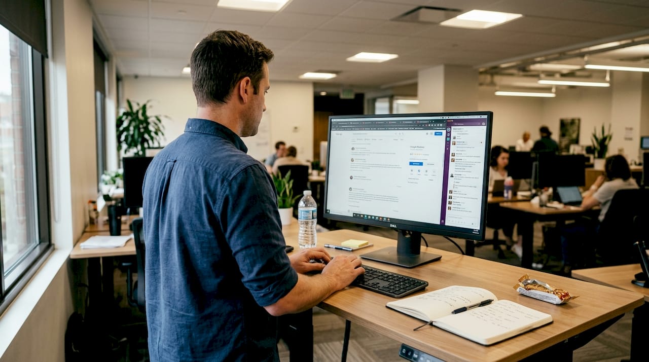 Office worker replying to online reviews at desk
