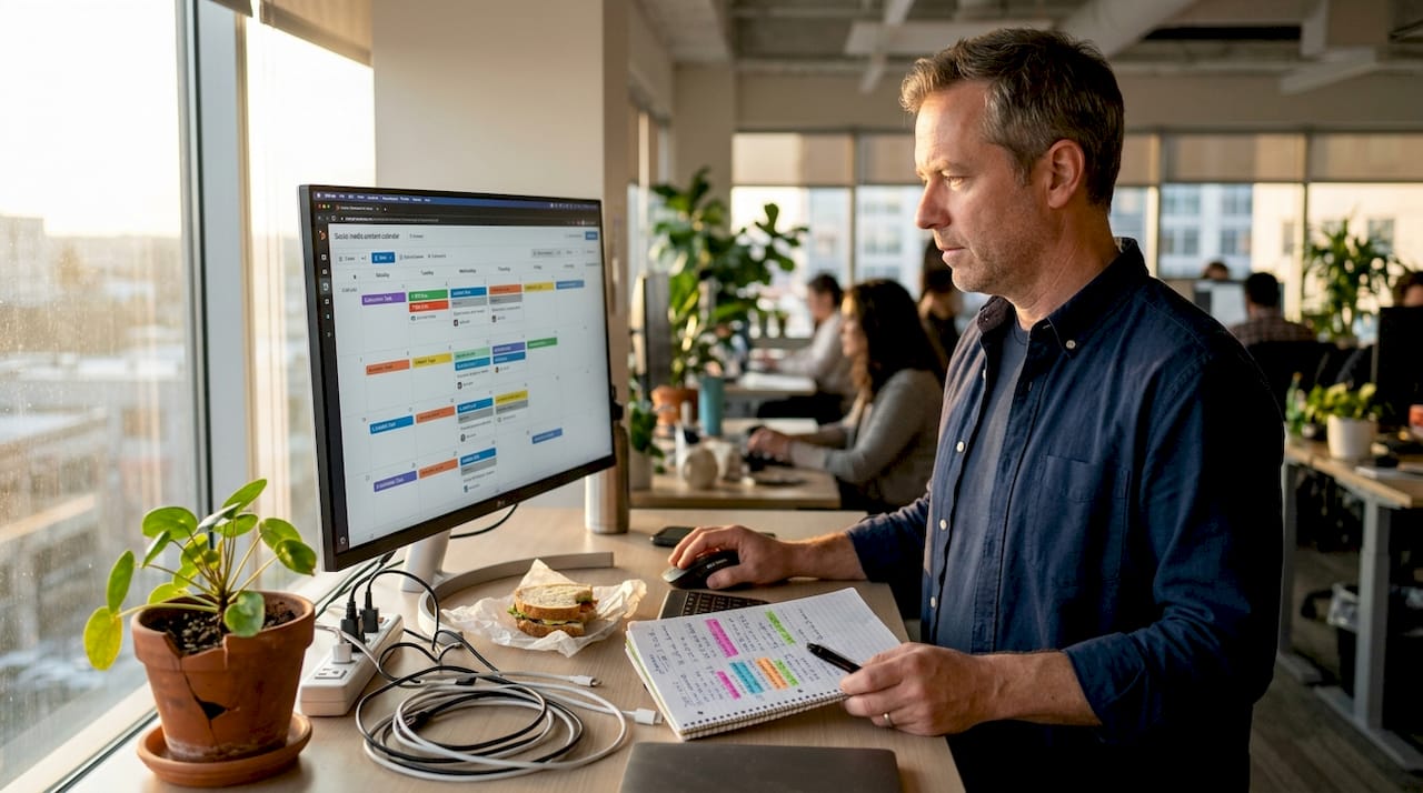 Professional managing digital branding tools at office desk