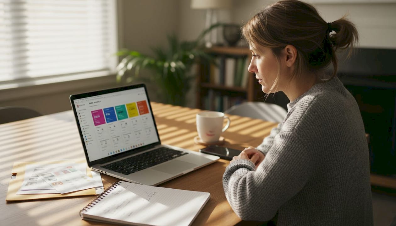 Woman auditing brand presence at home desk