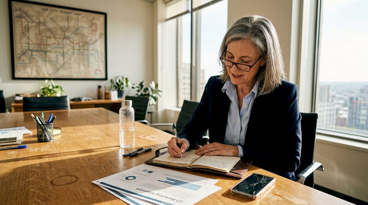 Executive taking notes at brand strategy office