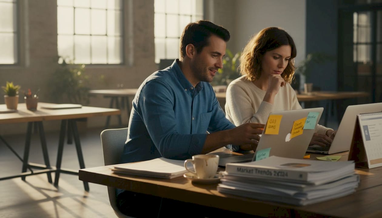 Team planning content workflow at table