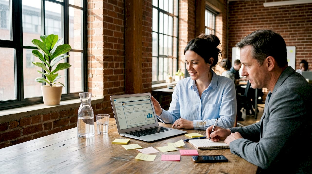 Business meeting discussing client loyalty strategies