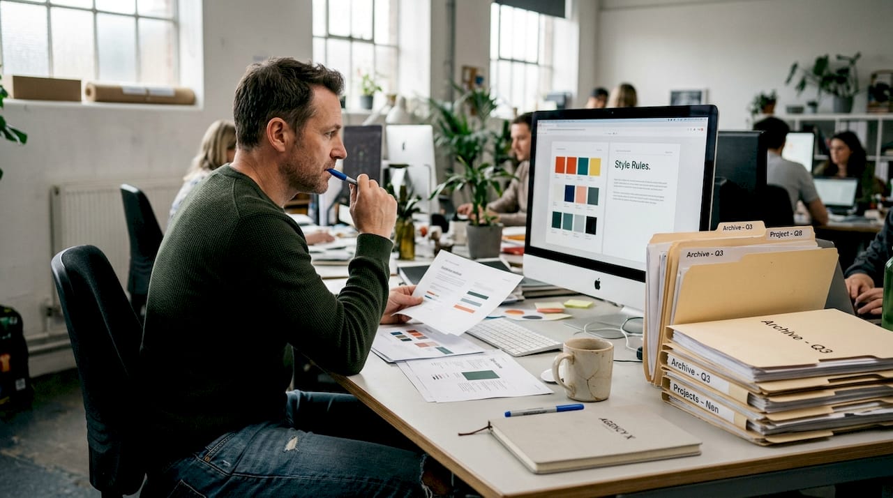Designer reviewing brand style guide at desk