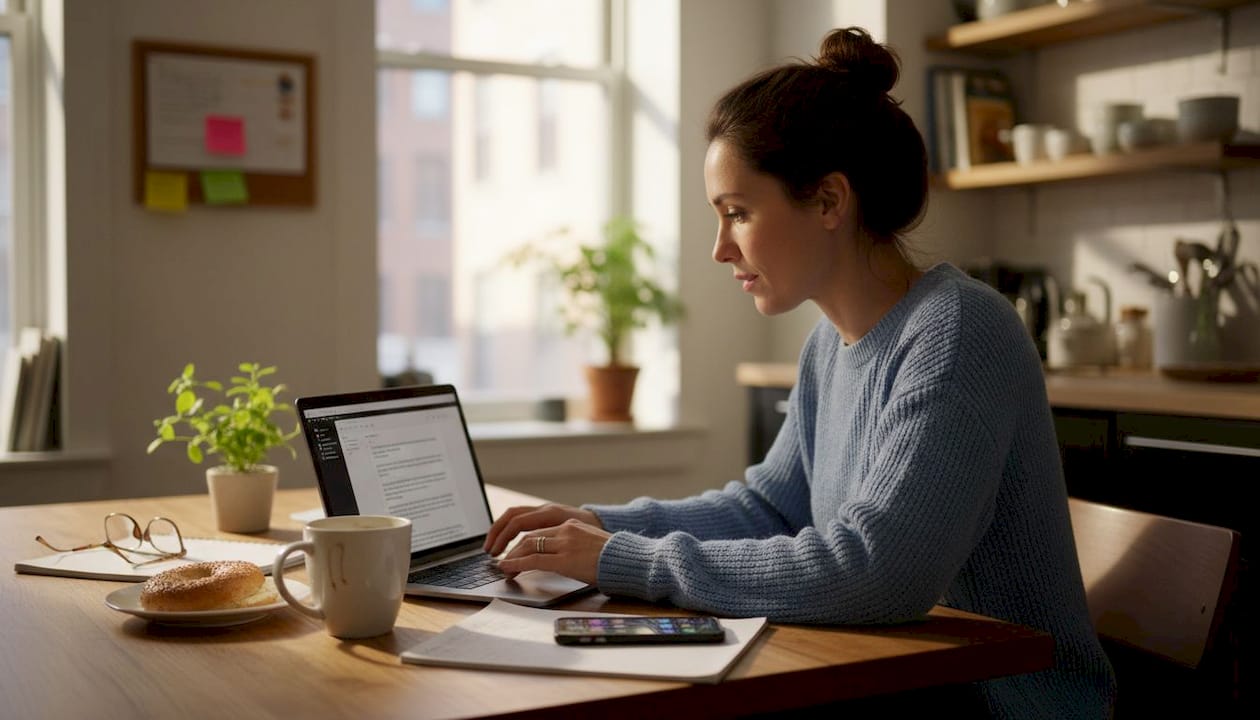 Woman working on laptop in sunlit kitchen