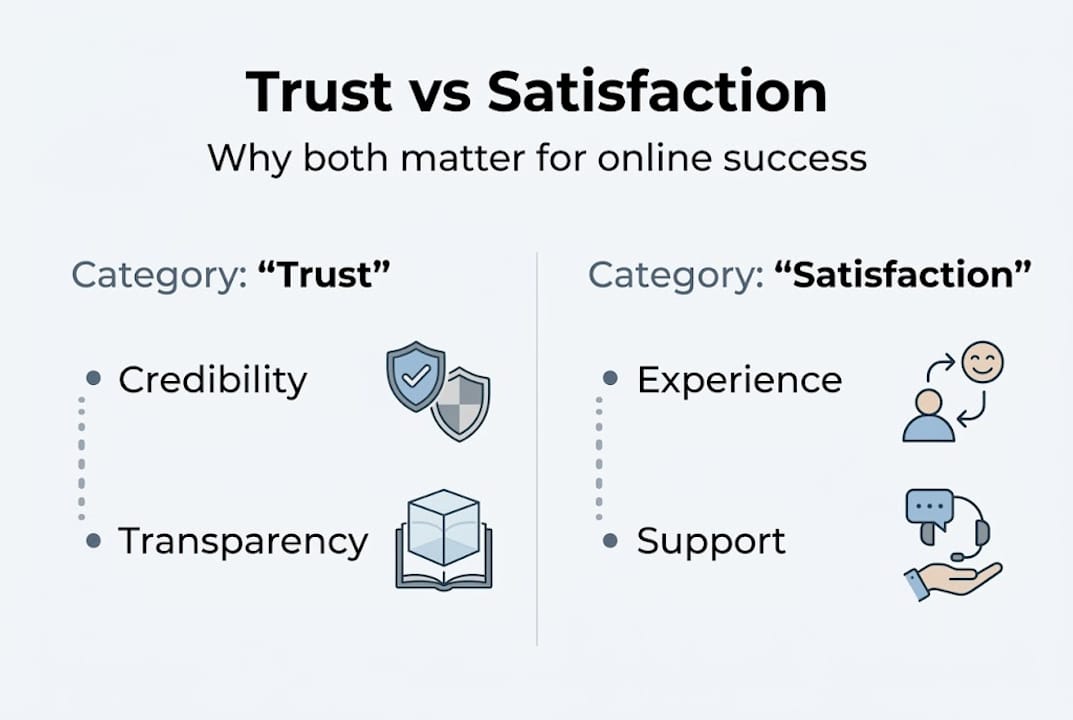 Infographic contrasting trust and satisfaction factors