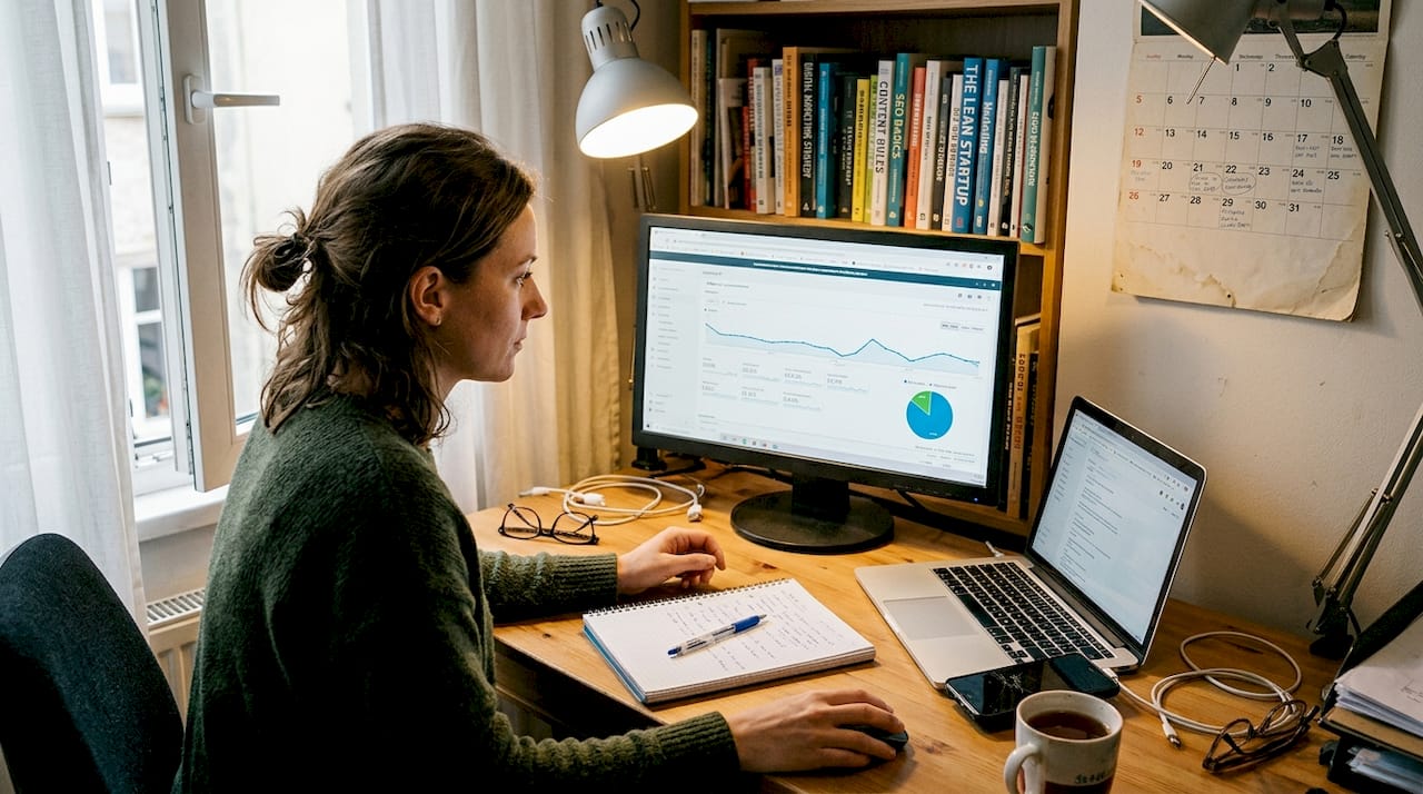 Woman analyzing website analytics in home office
