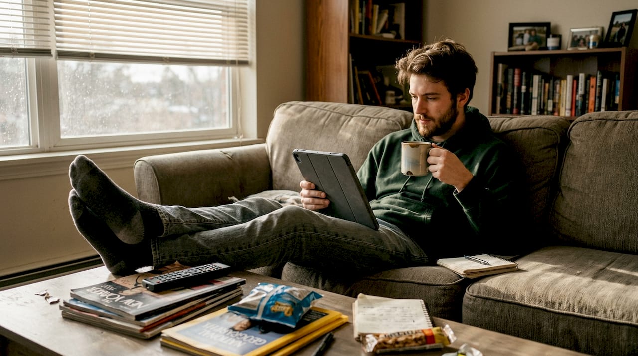 Person reading article on tablet at home