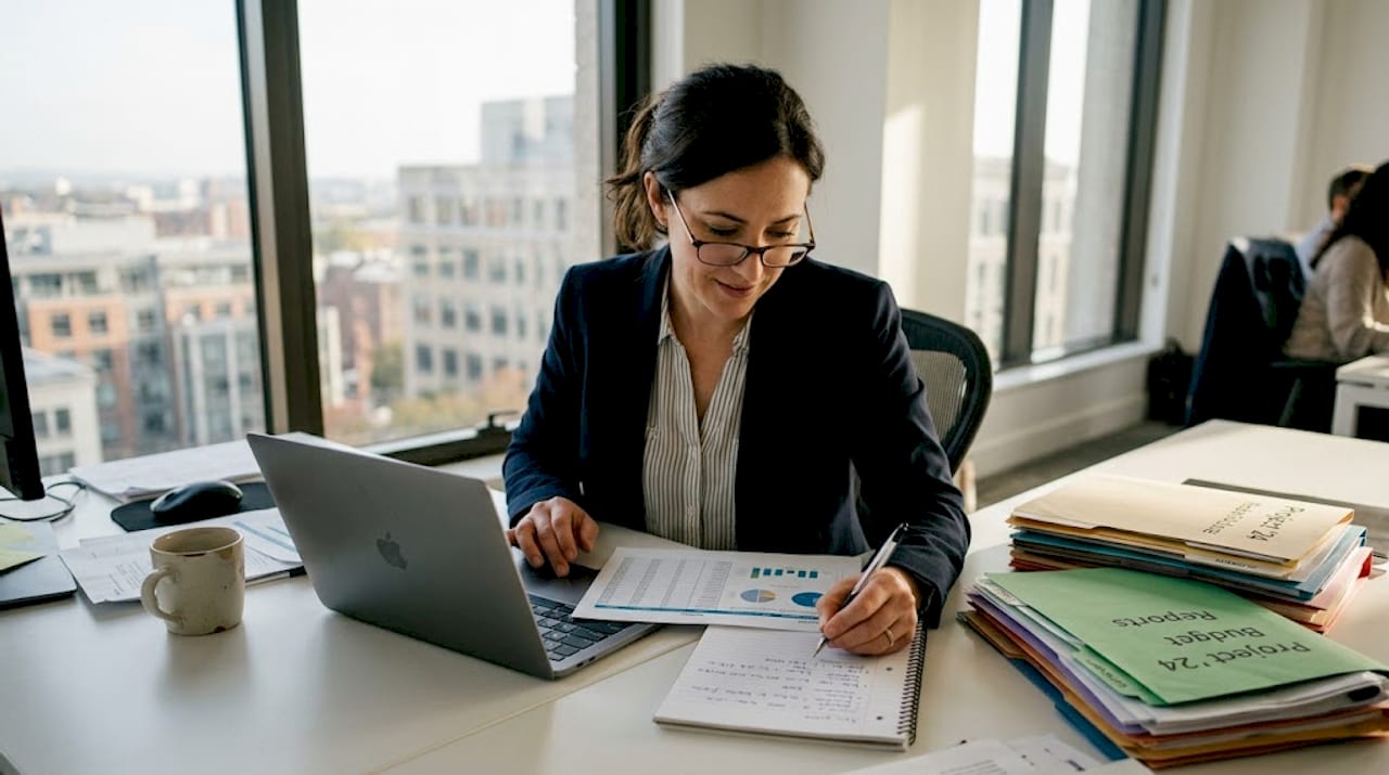 Businesswoman analyzing audience data at desk