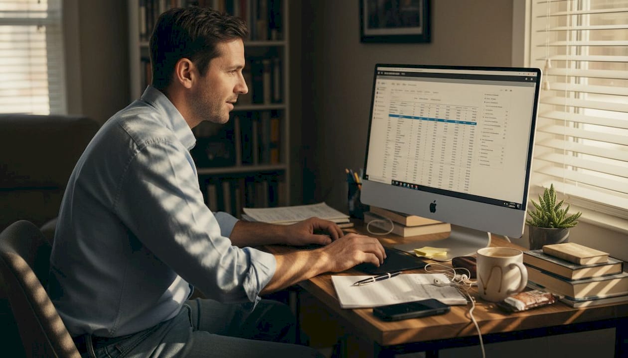 Man examines customer data on desktop screen