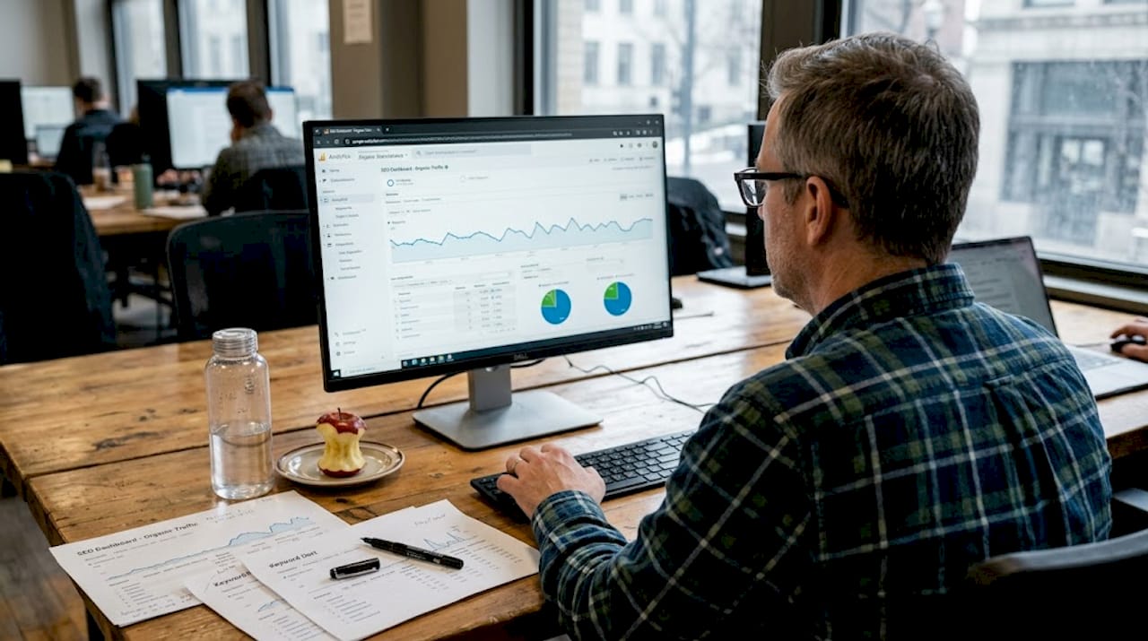 Person reviewing SEO charts in coworking area