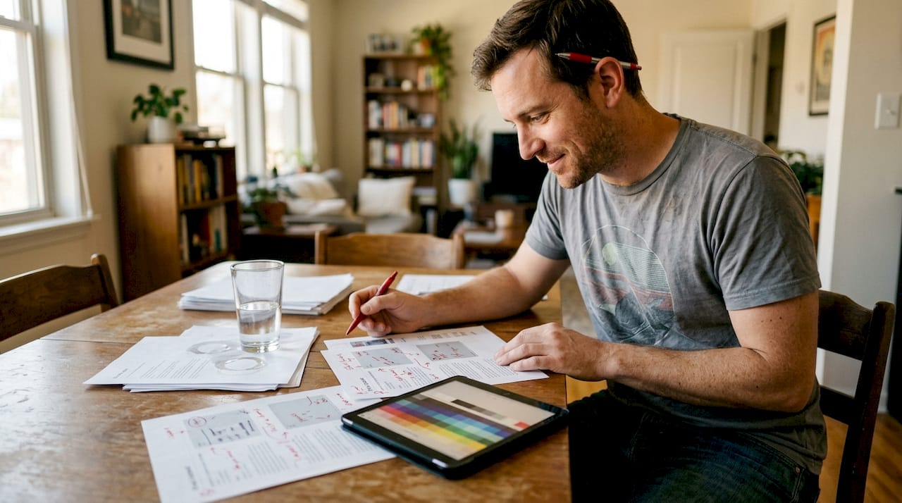 Man organizing brand visuals with color examples