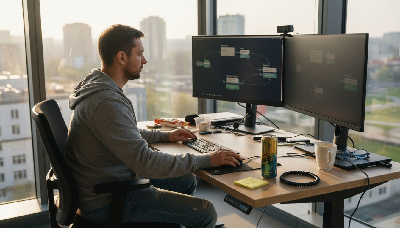 Programista pracuje przy biurku, wykorzystując narzędzia do automatyzacji oparte na sztucznej inteligencji.