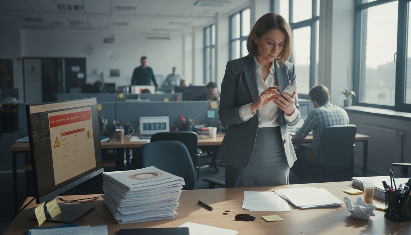 Concerned woman facing security incident in office