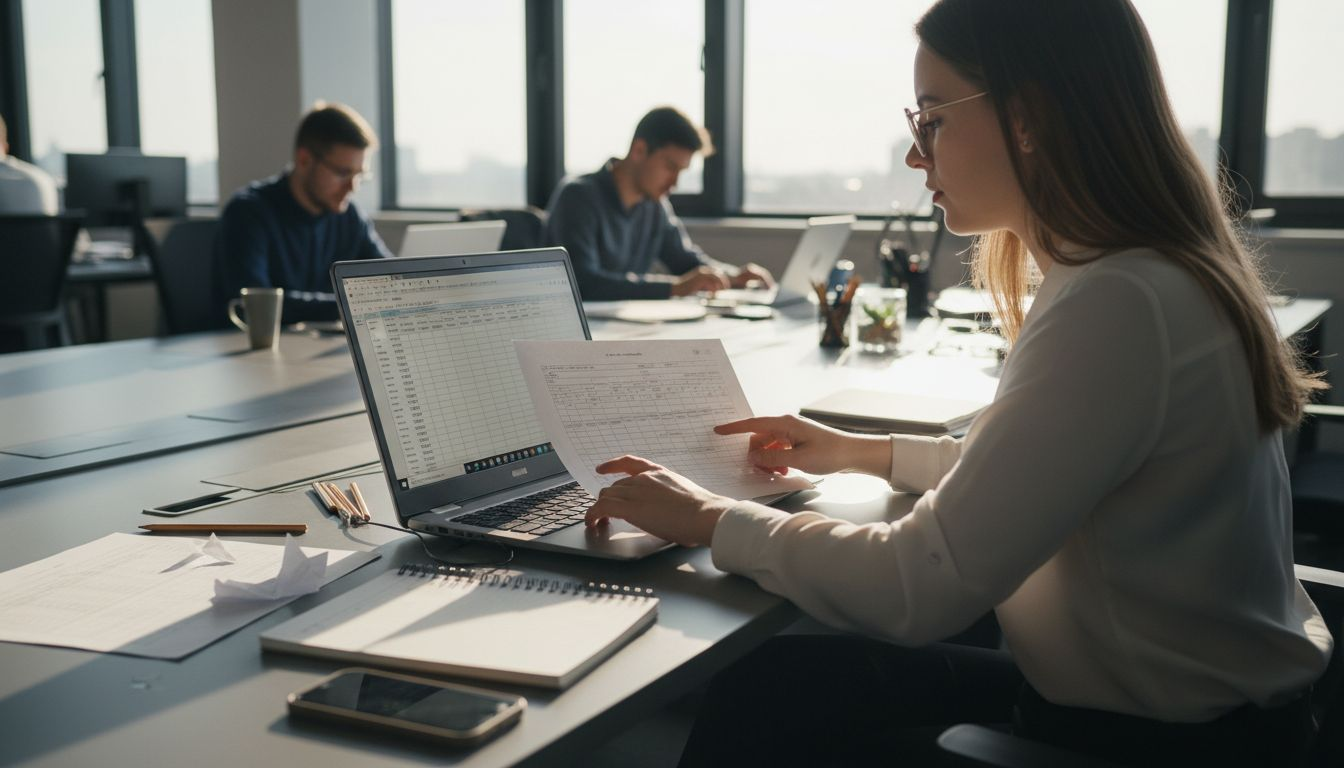 Kobieta pracuje nad arkuszem Excela, wpisując potrzebne informacje.