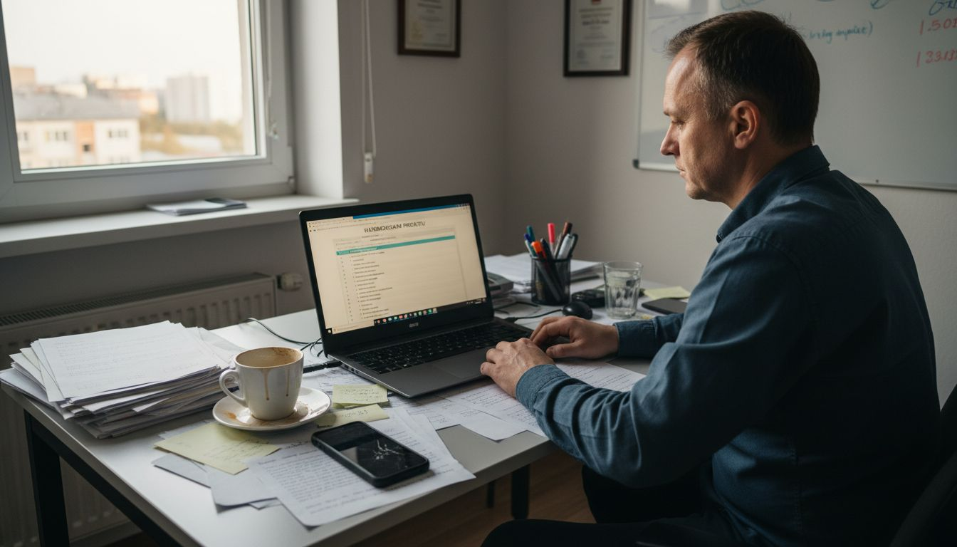 Przy biurku siedzi mężczyzna, który uważnie przegląda strategię rozwoju oprogramowania.