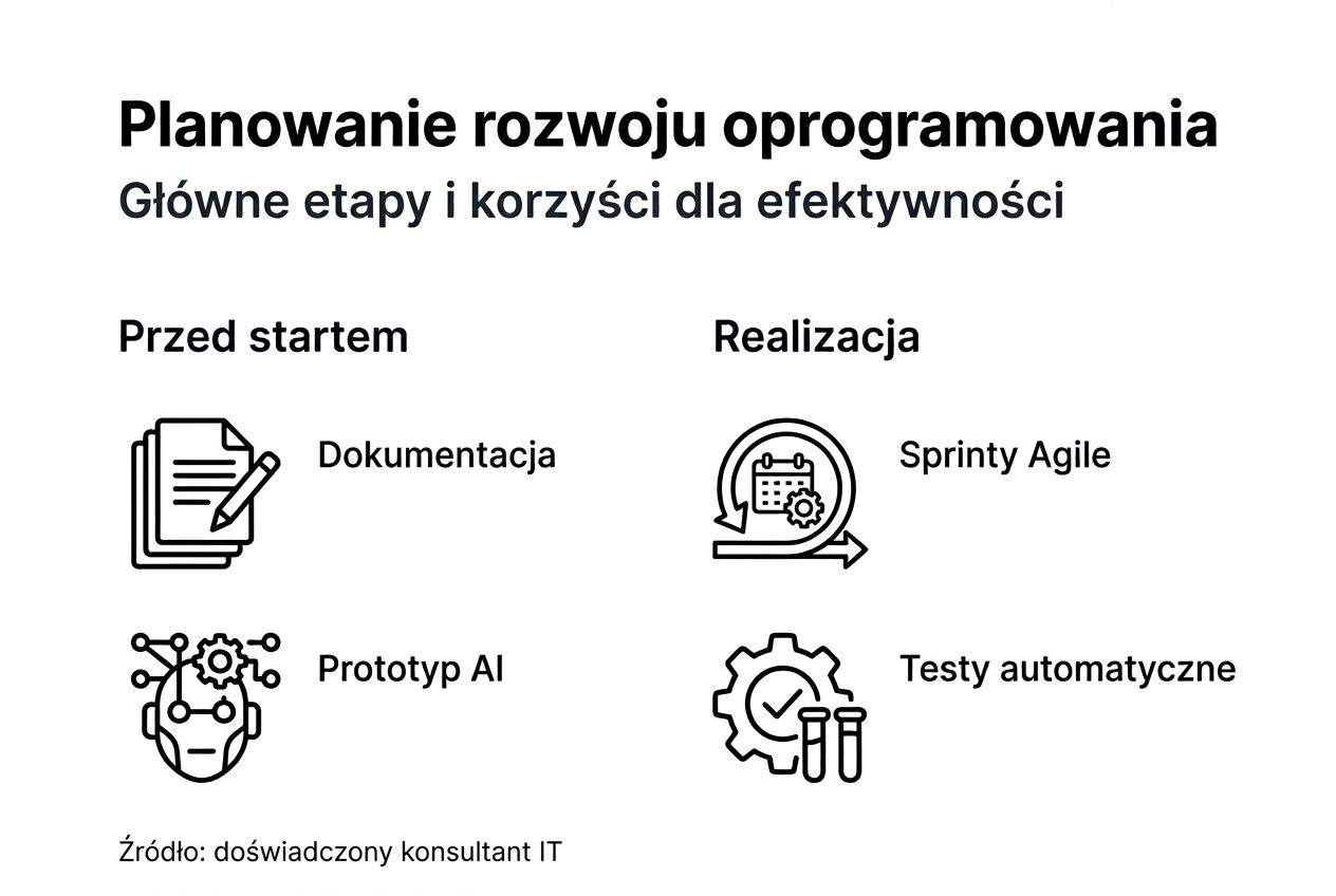 Schemat ilustrujący kolejne kroki w procesie tworzenia oprogramowania