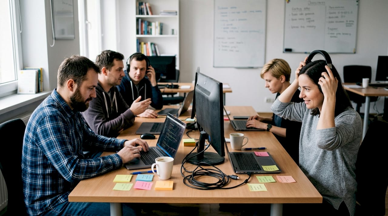 Grupa programistów wspólnie pracujących przy jednym stole w biurowej przestrzeni