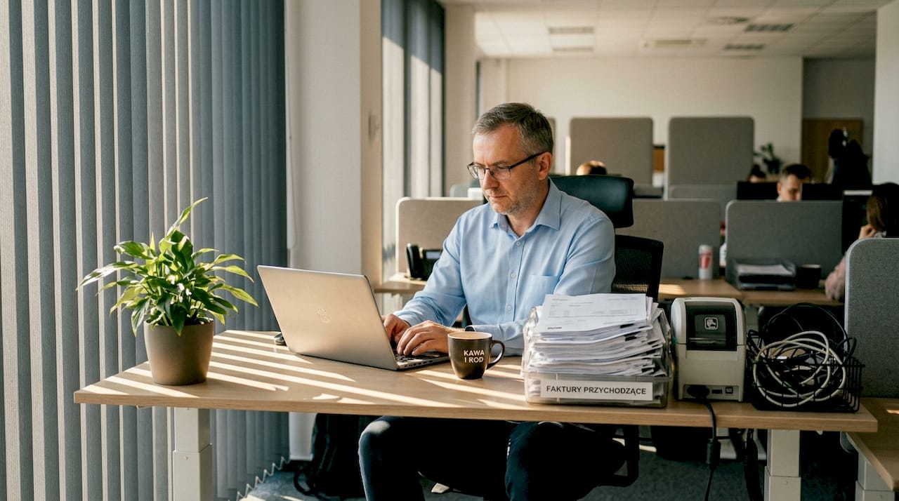 Przy swoim biurku mężczyzna usprawnia codzienną pracę, wdrażając automatyzację zadań biurowych.