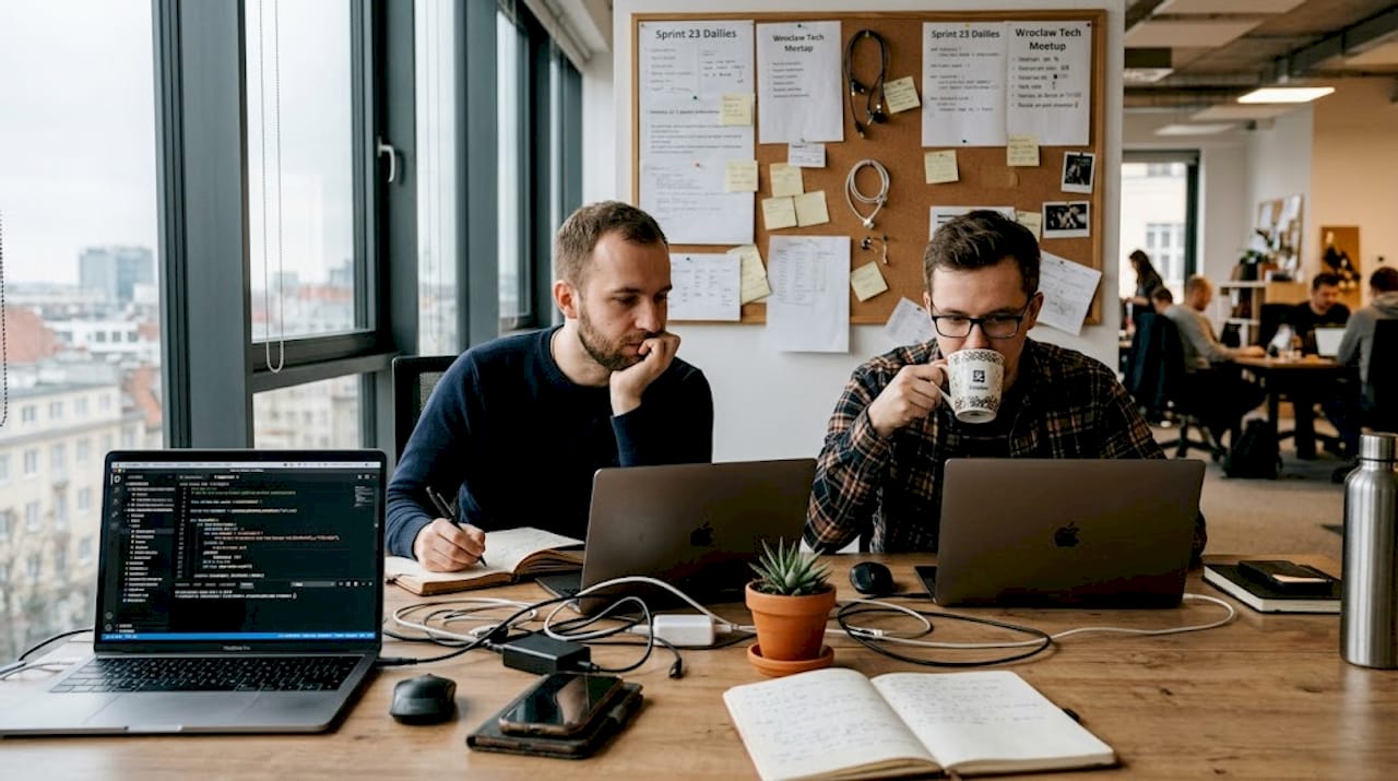 Dwaj programiści wspólnie pracują przy jednym biurku w biurze.