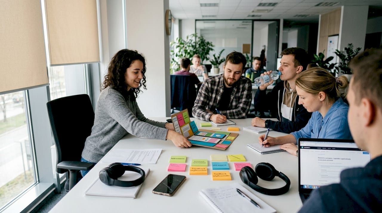 Ekipa startupu wspólnie analizuje projekt wstępnej wersji produktu.