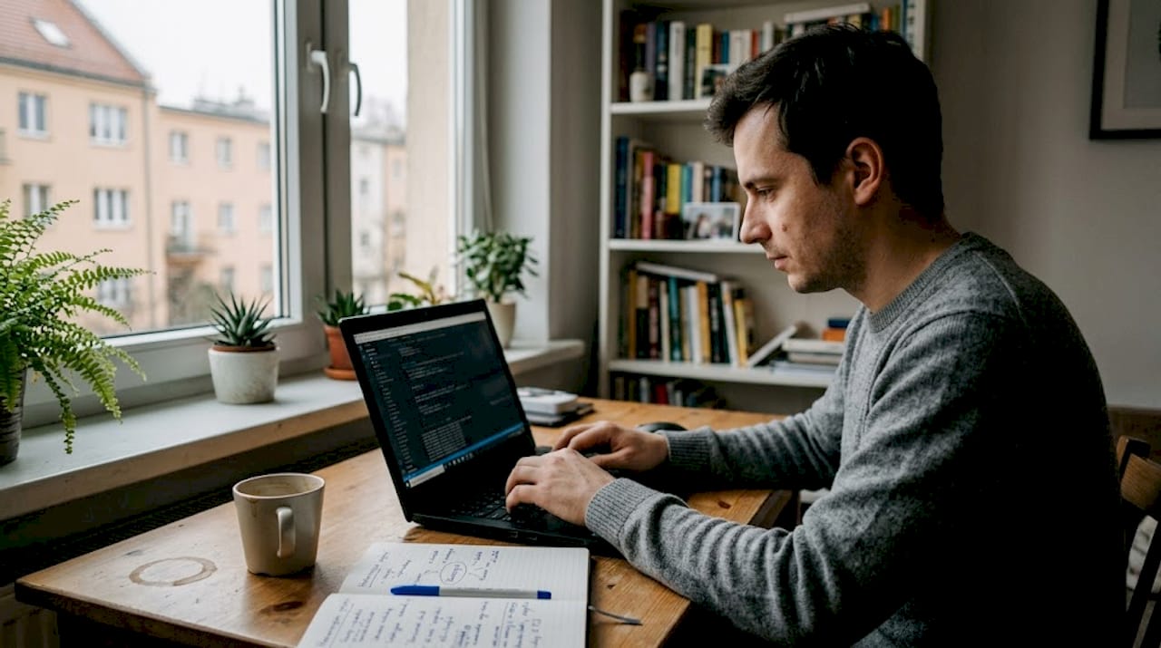 Programista skupiony przy swoim biurku dopracowuje wersję MVP projektu.