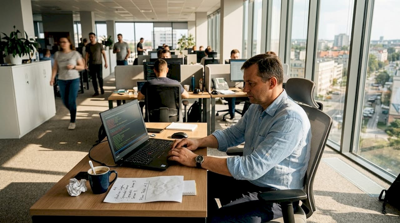 Przy swoim stanowisku pracy pracownik na bieżąco monitoruje przebieg procesów IT.