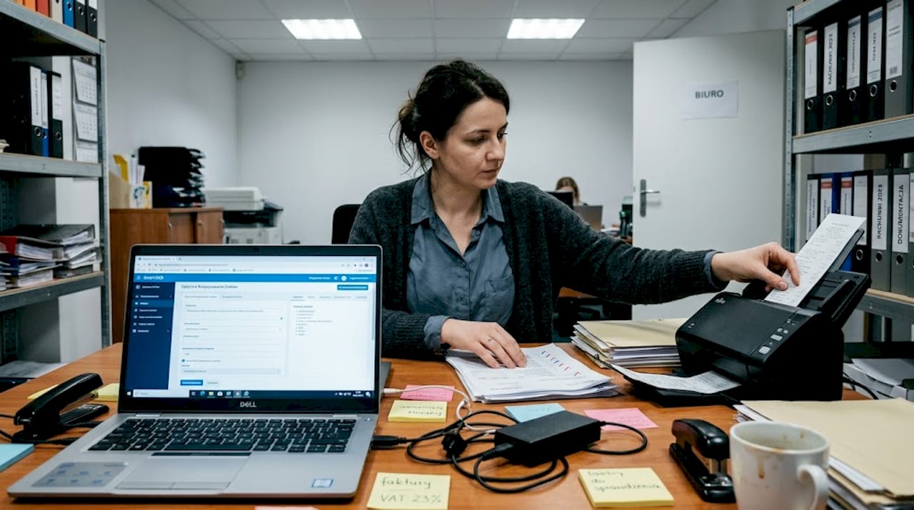 Księgowa wykorzystuje program OCR do digitalizacji paragonów.