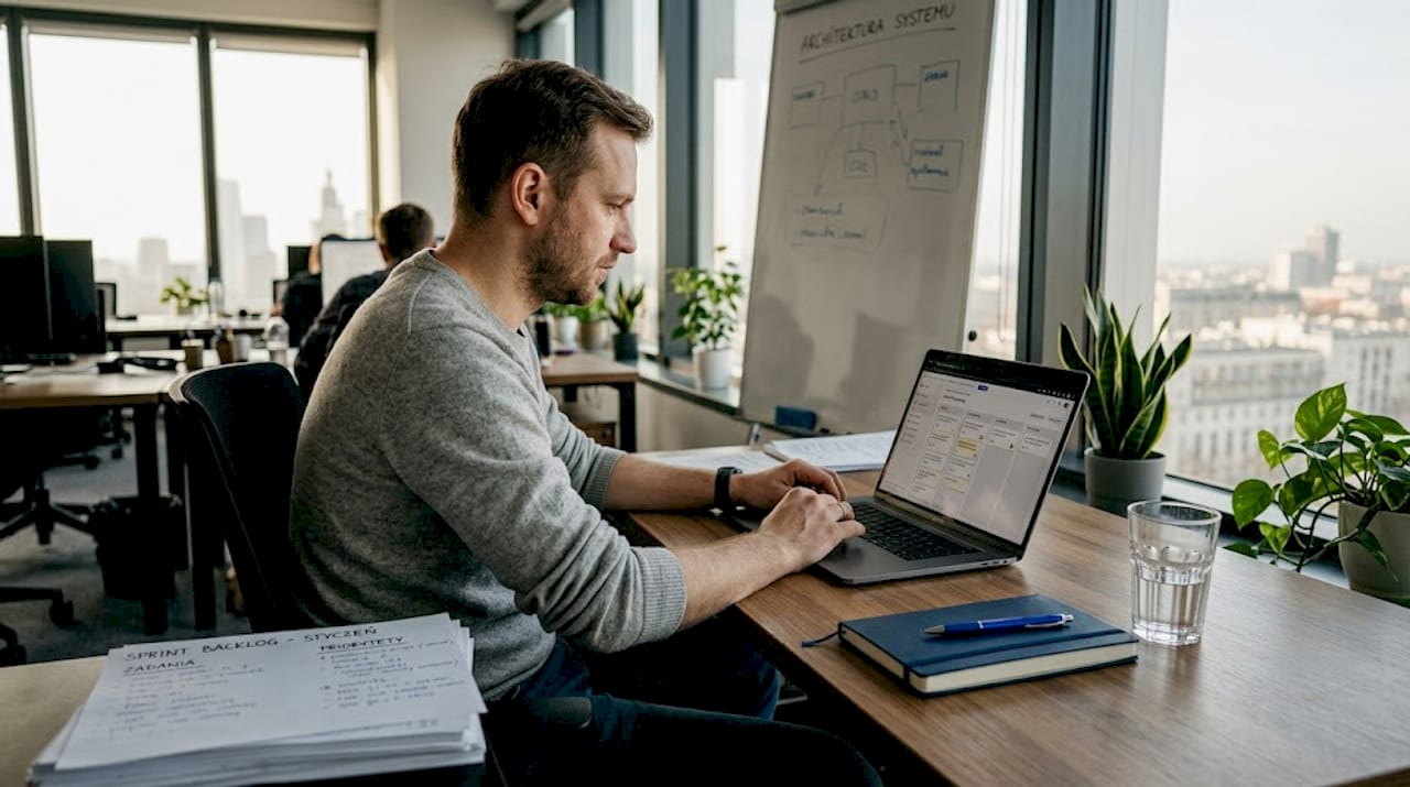 Menedżer IT opracowuje plan sprintu podczas spotkania w biurze.