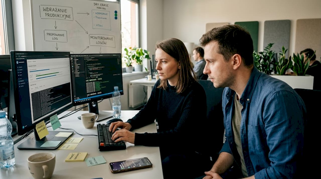 Zespół DevOps wspólnie pracuje nad wdrożeniem, wymieniając się doświadczeniami i dbając o płynny przebieg procesu.